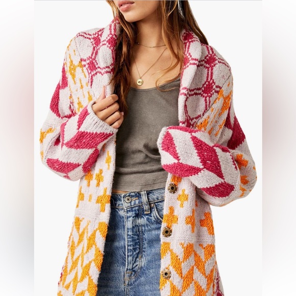 Free People Bright & Optimistic Oversized Shawl Collar Snap Close Knit Cardigan - Picture 4 of 17